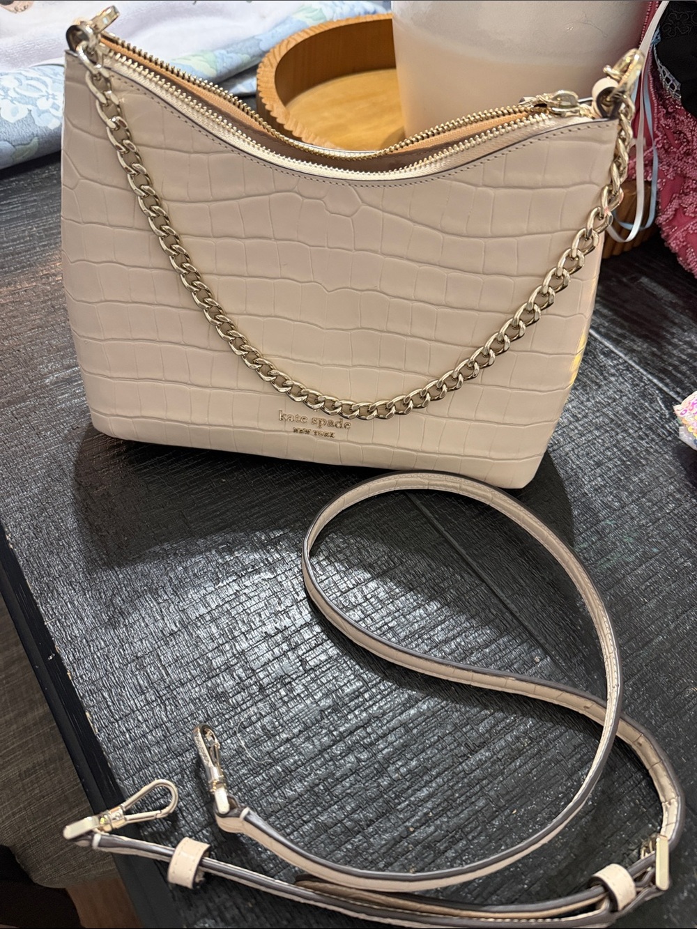 kate spade Cream Croc-Embossed Shoulder Bag with Gold Chain